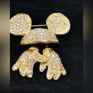 Vintage Disney pin dangle gloves move pave rhinestones gold colored brooch